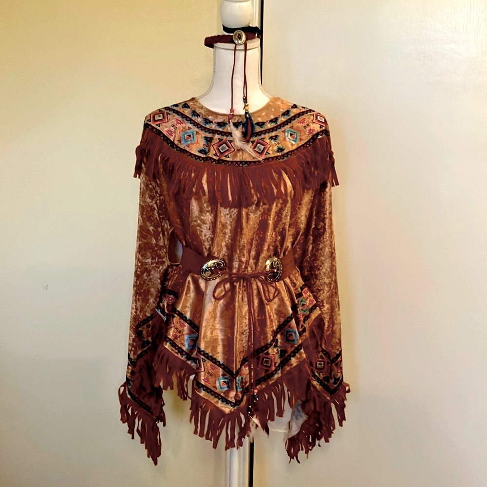 👧🏻🪶Halloween Native Indian Fringe Poncho Costume W/Headpiece & Belt Sz OS